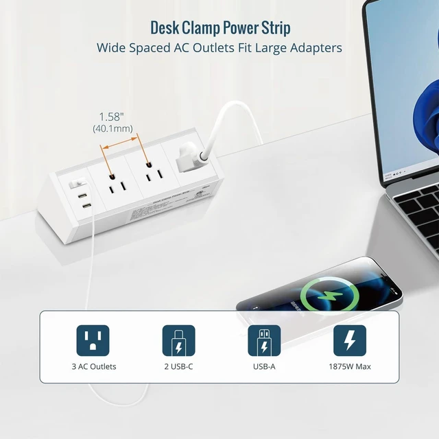 Alt view image 5 of 6 - Desk Clamp Power Strip 3 Outlet with 1 USB A and 2 USB C Ports, 6 ft Cord, Desk Outlet Station Fit 1.6" Tabletop Edge, ETL Listed, White(SKU# 13150102)