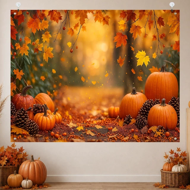 Alt view image 2 of 7 - Fall Backdrop Autumn Forest Pinecones Decorations 8x6ft Fall Pumpkins Pinecones Thanksgiving Banner for Autumn Indoor Outdoor Party Decoration and Photo Booth Background