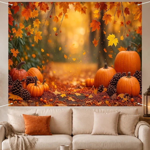 Alt view image 4 of 7 - Fall Backdrop Autumn Forest Pinecones Decorations 8x6ft Fall Pumpkins Pinecones Thanksgiving Banner for Autumn Indoor Outdoor Party Decoration and Photo Booth Background