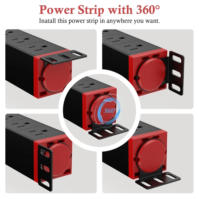 Alt view image 2 of 7 - 10-Inch Rack PDU, 1U 4 Outlets, Surge Protection, 360° Rotating Mounts 1U Compact Profile, 6 ft 16AWG Cord, Metal Housing, Overload Switch, Wall or Rack Installation, Screws Included