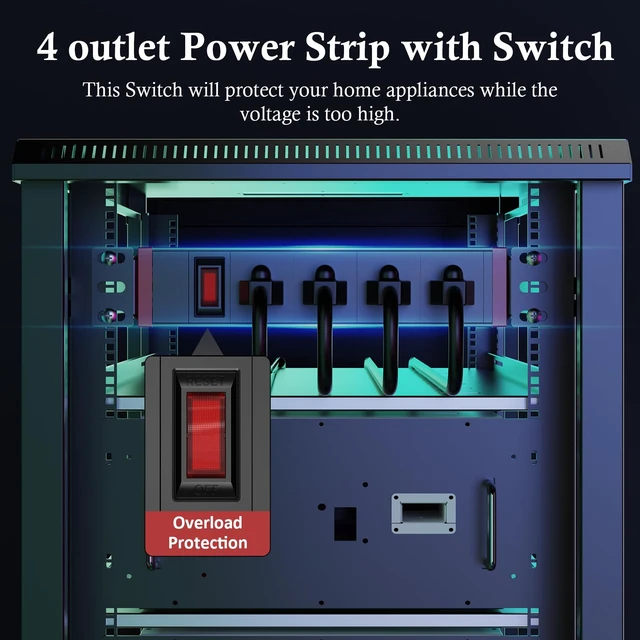 Alt view image 3 of 7 - 10-Inch Rack PDU, 1U 4 Outlets, Surge Protection, 360° Rotating Mounts 1U Compact Profile, 6 ft 16AWG Cord, Metal Housing, Overload Switch, Wall or Rack Installation, Screws Included