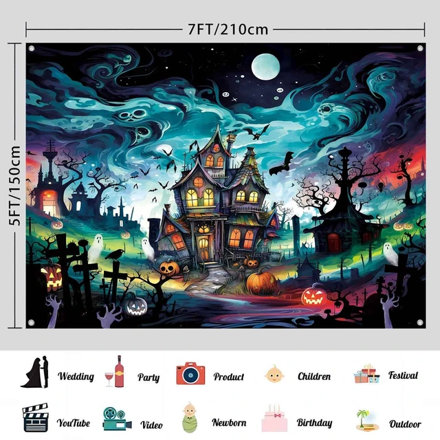 Alt view image 3 of 7 - 7x5ft Horror Halloween Backdrop Spooky Haunted House Banner Monster Cemetery Graveyard Photography Background Scary Halloween Party Decorations Indoor Outdoor Wall Decor for Kids
