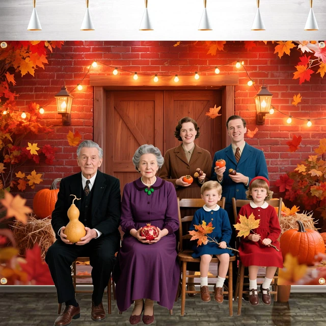 Alt view image 3 of 5 - 10x6.5FT Extra Large Fall Autumn Backdrop - Fall Photography Background with Pumpkins, Maple Leaves & Barn Wood (19.68FT Ribbon) - Thanksgiving, Friendsgiving, Harvest Party Decor, Photo Booth Props