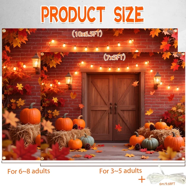 Alt view image 2 of 5 - 10x6.5FT Extra Large Fall Autumn Backdrop - Fall Photography Background with Pumpkins, Maple Leaves & Barn Wood (19.68FT Ribbon) - Thanksgiving, Friendsgiving, Harvest Party Decor, Photo Booth Props