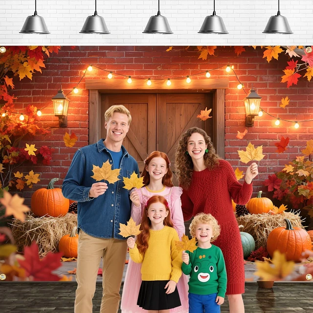Alt view image 4 of 5 - 10x6.5FT Extra Large Fall Autumn Backdrop - Fall Photography Background with Pumpkins, Maple Leaves & Barn Wood (19.68FT Ribbon) - Thanksgiving, Friendsgiving, Harvest Party Decor, Photo Booth Props