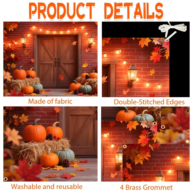 Alt view image 5 of 5 - 10x6.5FT Extra Large Fall Autumn Backdrop - Fall Photography Background with Pumpkins, Maple Leaves & Barn Wood (19.68FT Ribbon) - Thanksgiving, Friendsgiving, Harvest Party Decor, Photo Booth Props