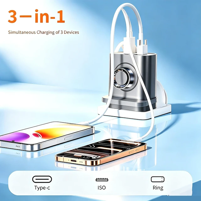 Alt view image 2 of 7 - Charger for Smart Ring,3-in-1 PD 20W USB C Fast Charging Adapter with Built-in Magnetic One-Pin Charging for Smart Ring, Dual Port Wall Charger Suitable for iPhone, AirPods and More