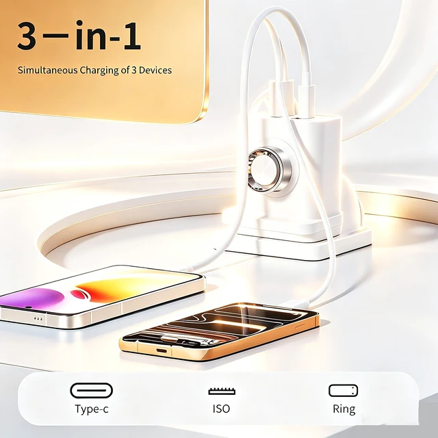 Alt view image 2 of 7 - Charger for Smart Ring,3-in-1 PD 20W USB C Fast Charging Adapter with Built-in Magnetic One-Pin Charging for Smart Ring, Dual Port Wall Charger Suitable for iPhone, AirPods and More