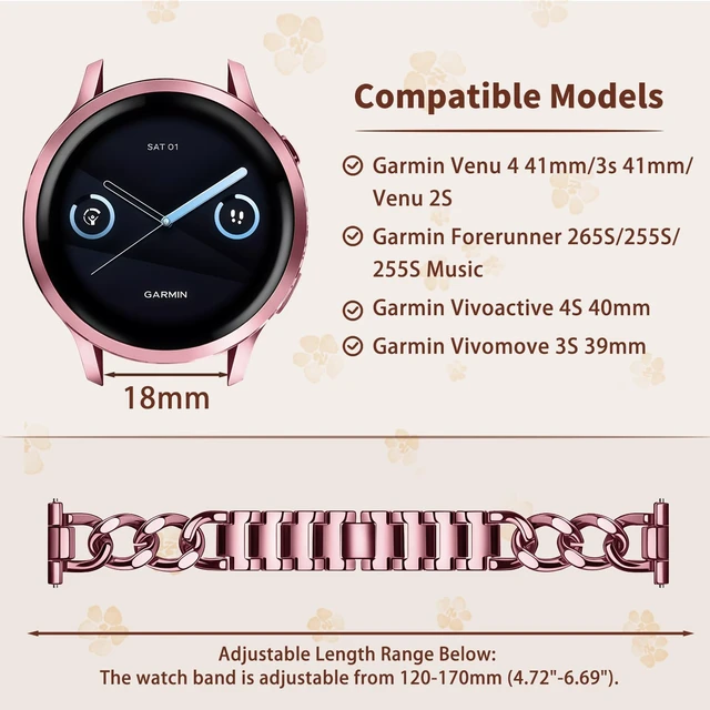 Alt view image 5 of 7 - 18mm Band for Garmin Venu 4 41mm, Women's Metal (Pink) Women's Metal Skeleton Chain Link Replacement Strap for Garmin Venu 4 41mm/Venu 3S/2S/Vivomove 4S/3S/Forerunner 255S/265S