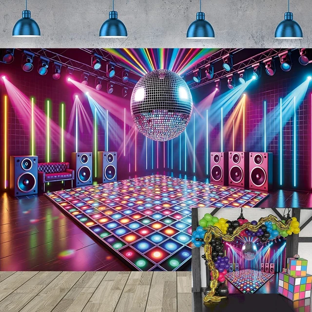 Main image of Disco Stage Backdrop Retro Rock Music Disco Ball Glow Colorful Photography Background 70s 80s 90s Night Club Neon Dance Prom Birthday Party Decoration Banner Photo Props (7x5FT)