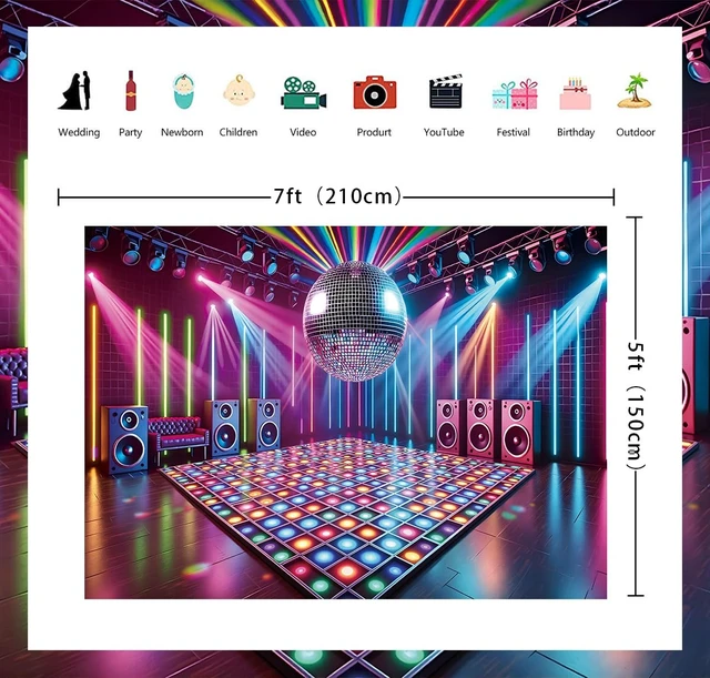 Alt view image 7 of 7 - Disco Stage Backdrop Retro Rock Music Disco Ball Glow Colorful Photography Background 70s 80s 90s Night Club Neon Dance Prom Birthday Party Decoration Banner Photo Props (7x5FT)