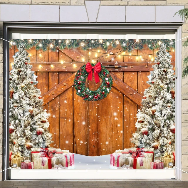 Alt view image 5 of 7 - Rustic Christmas Garage Door Cover 7 x 9 Ft Wood Texture Board Door Cover Large Yard Sign for Xmas Indoor Outdoor House Wall Party Decor