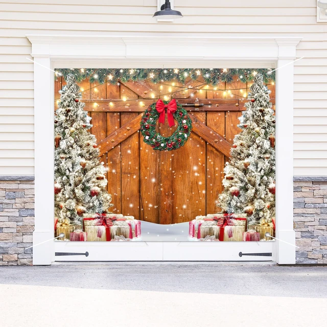Alt view image 6 of 7 - Rustic Christmas Garage Door Cover 7 x 9 Ft Wood Texture Board Door Cover Large Yard Sign for Xmas Indoor Outdoor House Wall Party Decor