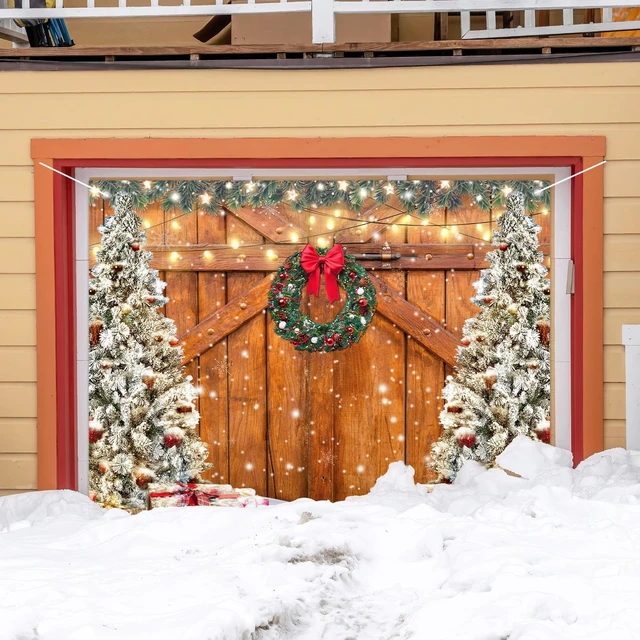 Alt view image 7 of 7 - Rustic Christmas Garage Door Cover 7 x 9 Ft Wood Texture Board Door Cover Large Yard Sign for Xmas Indoor Outdoor House Wall Party Decor