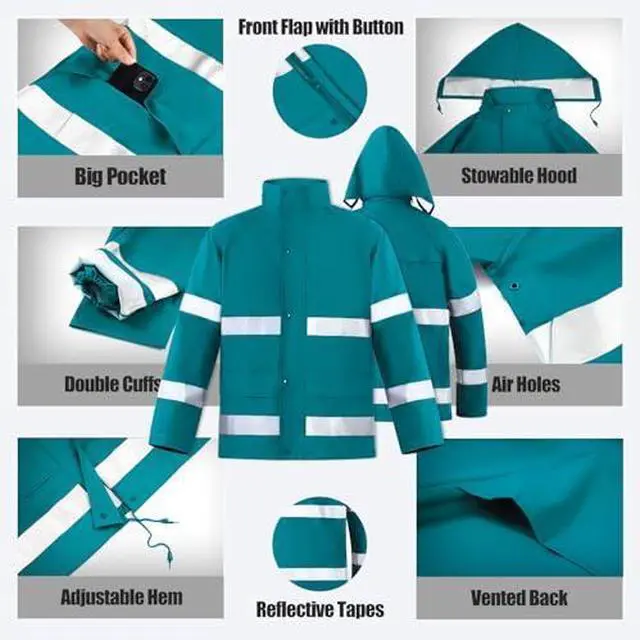Alt view image 2 of 6 - High Visibility Rain Suit Waterproof Reflective Safety Jacket with Bib Pants for Men Heavy Duty Workwear