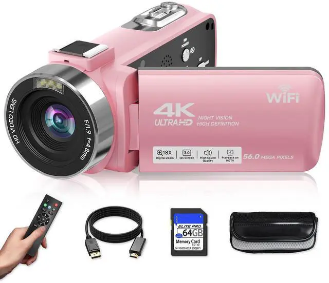 Main image of Video Camera, 4K Camcorder 56MP Digital Video Recorder 18X Zoom 3" 270° Rotation Touchscreen IR Night Vision, Wifi Vlogging Camera for YouTube 64GB Card Anti-Shake Remote Control Camera Bag Lens Cap