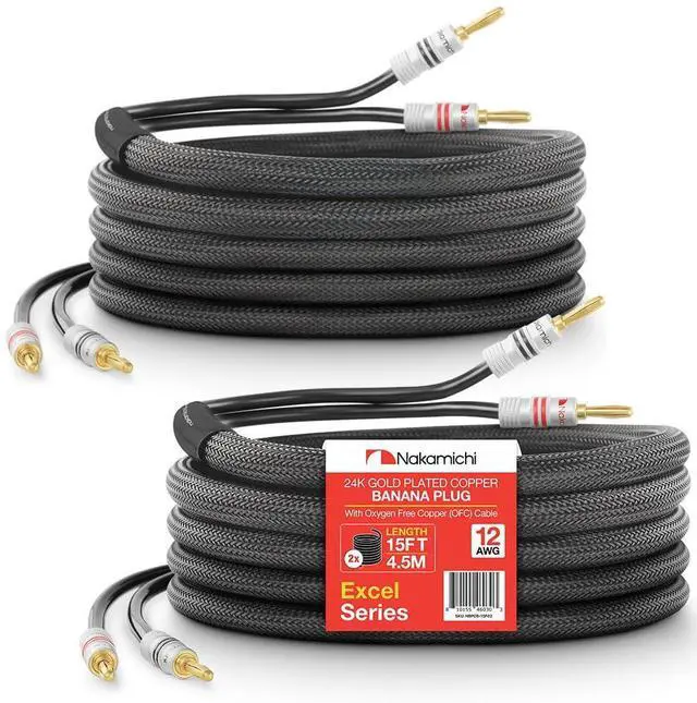 Main image of Excel Series 24k Gold Plated Banana Plug with (15 Feet) Speaker Cable Wire 99.9% Oxygen-Free Copper (OFC) Heavy Duty Braided in-Wall CL2 Rated - Black (12AWG / 15ft / 4.5m) 2-Pack