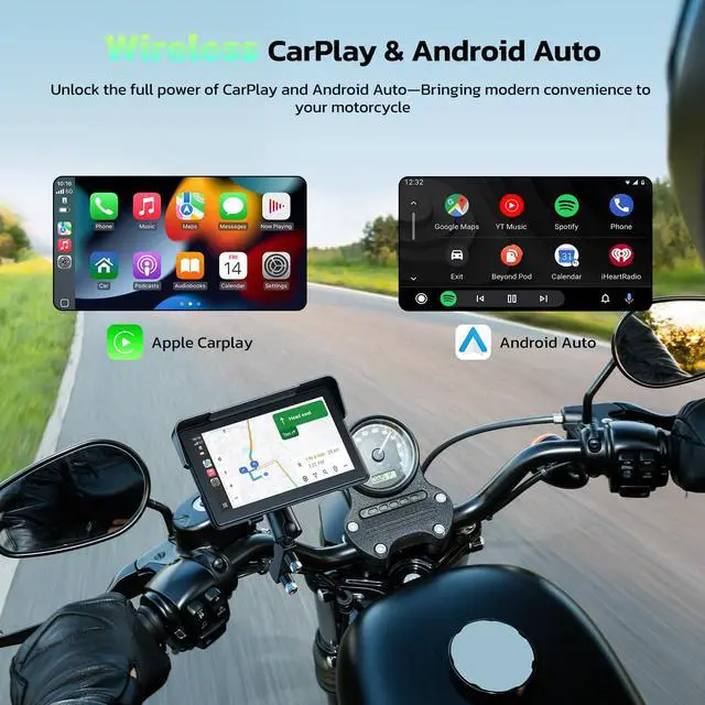 Alt view image 2 of 4 - 7-Inch Wireless Motorcycle Carplay GPS Navigation System with Apple Carplay and Android Auto, Portable Moto Car Play Screen with Dual Bluetooth, Navigation, Siri, Google Assistant, Anti-Glare