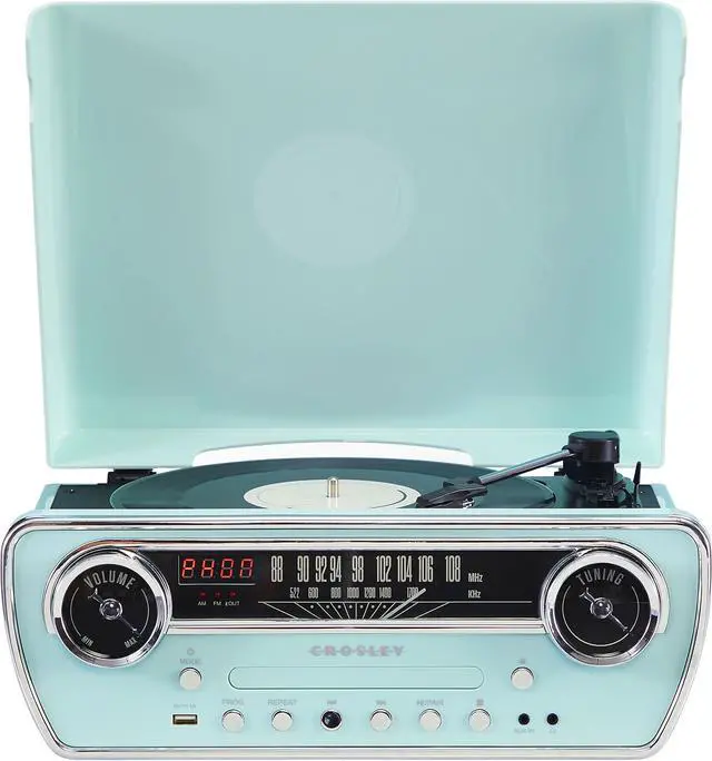 Main image of CR6047A-AB Powel 7-in-1 Bluetooth in/Out Vinyl Record Player with AM/FM Radio, CD Player, and Aux-in, Aqua Blue