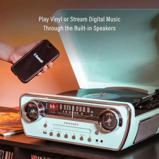 Alt view image 3 of 4 - CR6047A-AB Powel 7-in-1 Bluetooth in/Out Vinyl Record Player with AM/FM Radio, CD Player, and Aux-in, Aqua Blue