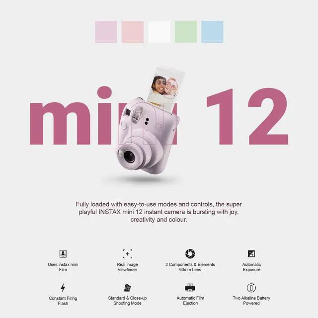 Alt view image 2 of 4 - Instax Mini 12 Instant Camera Clay White + Carrying Case + Fuji Instax Film Value Pack (40 Sheets) Accessories Bundle, Color Filters, Photo Album, Assorted Frames
