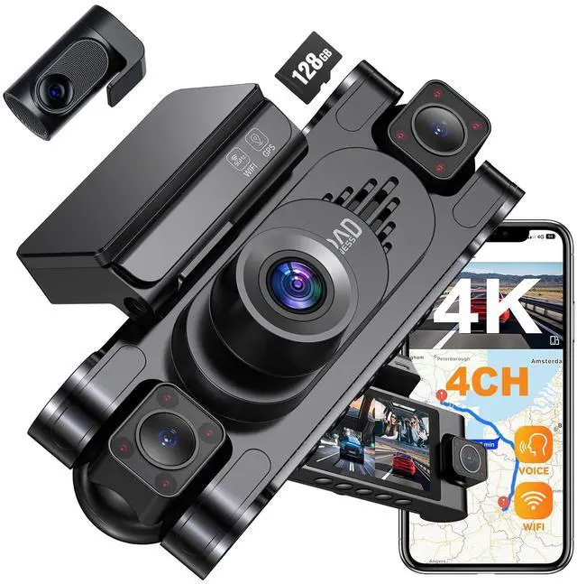 Main image of 4K 360° Dash Cam for Cars, 4 Channel Front Rear Inside with 128GB Card, Super Night Vision, Fastest 5.8GHz WiFi GPS, Voice Control, 24/7 Parking Mode, Loop Recording Ideal for Uber & Lyft