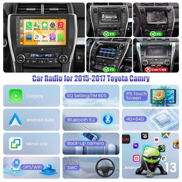 Alt view image 2 of 4 - Car Radio Stereo for Toyota Camry 2015 2016 2017 | 10.2" QLED Touchscreen with Wireless CarPlay & Android Auto | 4G+64GB Fast Android 13 System | Built-in GPS, Bluetooth, Backup Camera & FM Radio