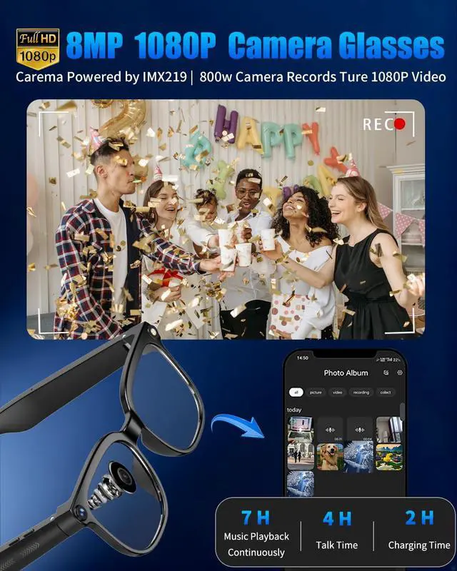 Alt view image 2 of 4 - 800W Ai Smart Glasses with Camera 1080P HD Video Recording, AI Translator for 160 Languages, GPT Object Recognition, Bluetooth Audio, Photochromic Lenses, 290mAh Long Battery for Travel Sports