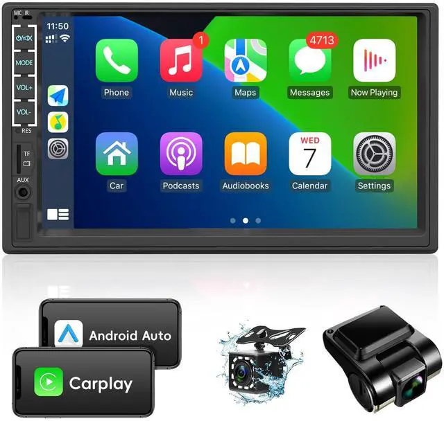 Main image of Double Din Car Stereo with Dash Cam&Camera, Apple Carplay&Android Auto, 7 Inch Touchscreen Double Din Radio Car Audio Receivers, Bluetooth, Voice Control, MirrorLink, FM/USB/TF/AUX/Subwoofer