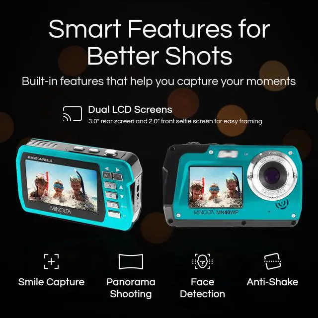 Alt view image 3 of 4 - MN40WP 48MP Waterproof Digital Camera Dual LCD Screens, 2.7K QHD Video, 16x Digital Zoom, Anti-Shake, Face Detection, 10ft Waterproof (Blue)
