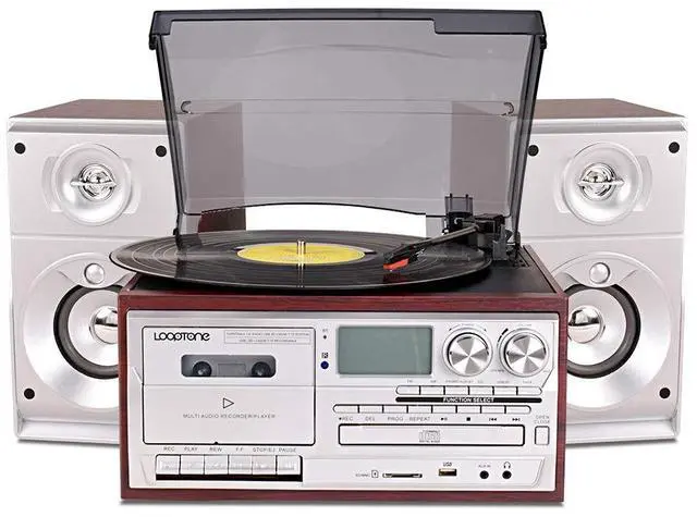 Main image of Vinyl Record Player with Dual 15W External Speakers 9 in 1 3 Speed Bluetooth Vintage Turntable CD Cassette Player AM/FM Radio USB Recorder Aux-in RCA Line-Out