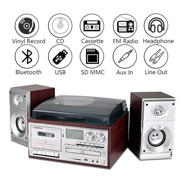 Alt view image 2 of 4 - Vinyl Record Player with Dual 15W External Speakers 9 in 1 3 Speed Bluetooth Vintage Turntable CD Cassette Player AM/FM Radio USB Recorder Aux-in RCA Line-Out