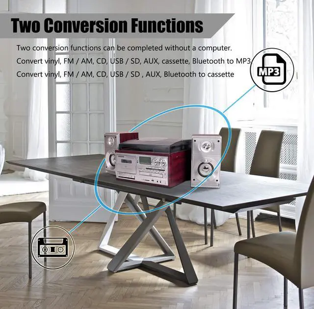 Alt view image 4 of 4 - Vinyl Record Player with Dual 15W External Speakers 9 in 1 3 Speed Bluetooth Vintage Turntable CD Cassette Player AM/FM Radio USB Recorder Aux-in RCA Line-Out