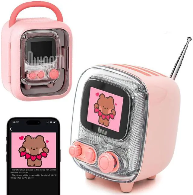 Main image of Tiivoo-2 Retro Bluetooth Speaker with FM Radio, Pixel Art Display, Portable Mini Wireless Speaker, Vintage Desk Decor, Cute Room Speaker for Bedroom, Home Office & Gift, Pink