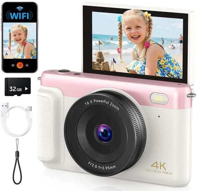 Main image of 4K Digital Camera with Flip Screen, Pink, Compact Camera for Photography | Auto Focus, Built-in WiFi, 16x Digital Zoom, 2500mAh Battery, 32GB SD Card Included, Youtube Camera for Beginners, Kids