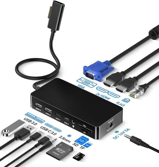 Main image of MS Surface Pro Docking Station - Triple Display 4K@60Hz Dual HDMI + VGA, 11-in-1 Surface Dock with 2X USB-C, 2X USB 3.0, Ethernet, SD/TF Reader, 3.5mm Jack for Surface Pro 11/10/9, Laptop, Book, Go