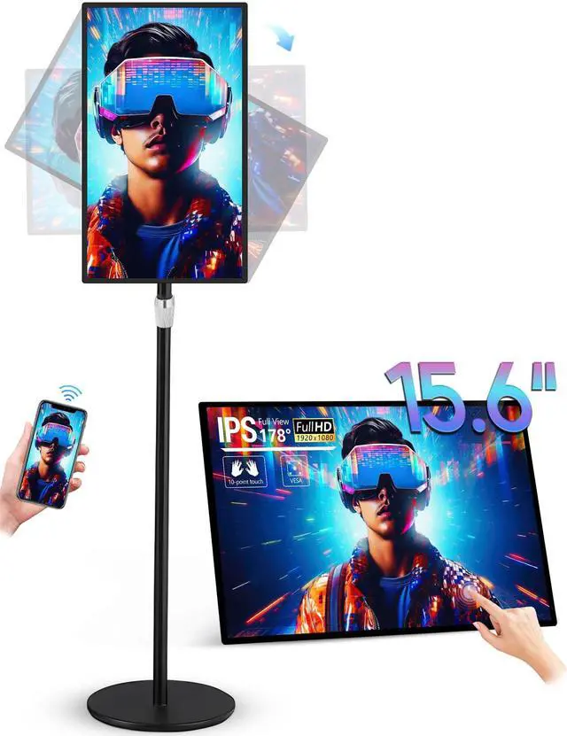 Main image of 15.6" Digital Signage with Battery, Capacitive Touchscreen Advertising Display, Commercial LCD Monitor with Stand, Auto Play, Wireless Screen Mirroring, Android 13, 2+32GB, Black