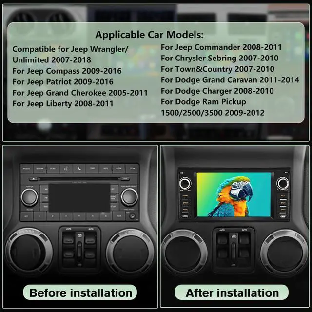 Alt view image 2 of 4 - Android 13 Car Radio Stereo for Jeep Wrangler JK 2007-2018 Dodge RAM 1500 2500 3500 2009-2012 4 Core CPU 2G RAM 64G ROM with Wireless CarPlay/Android Auto/GPS/HD Backup Camera/Bluetooth