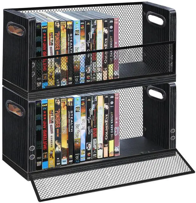 Main image of DVD Storage Box, 2 Pack Holds 56 DVDs (28 Each), Stackable Wood & Metal Organizer with Magnetic Opening Door for Blu ray, CDs, Video Game Cases, VHS Tapes