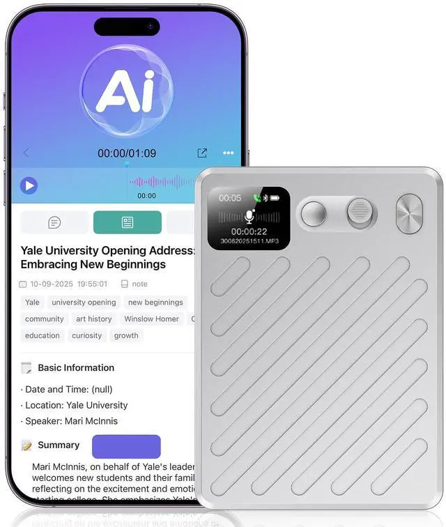 Main image of AI Voice Recorder, Note Taking Device, Transcribe & Summarize, Voice Recorder With Display, App Control, Supports 132+ Languages, 100H, 64GB, Magnetic Audio Recorder for Lectures Meetings Calls,Silver