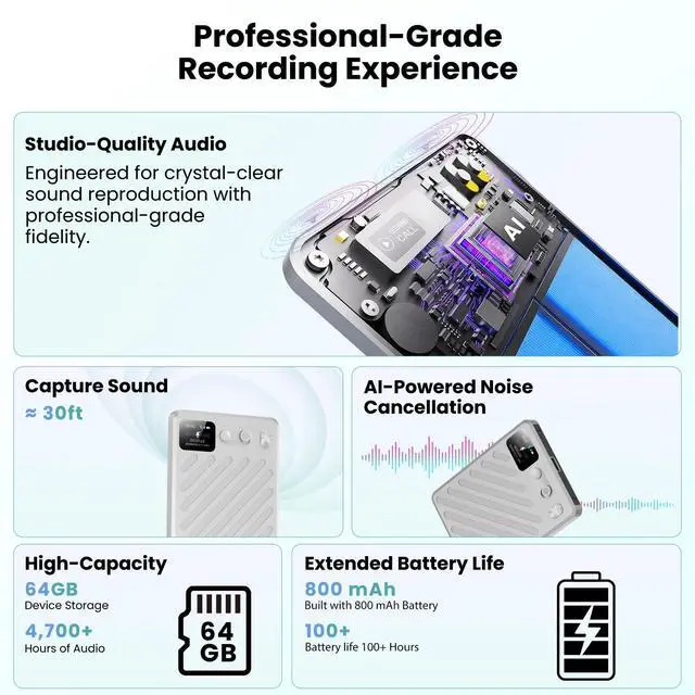 Alt view image 3 of 4 - AI Voice Recorder, Note Taking Device, Transcribe & Summarize, Voice Recorder With Display, App Control, Supports 132+ Languages, 100H, 64GB, Magnetic Audio Recorder for Lectures Meetings Calls,Silver