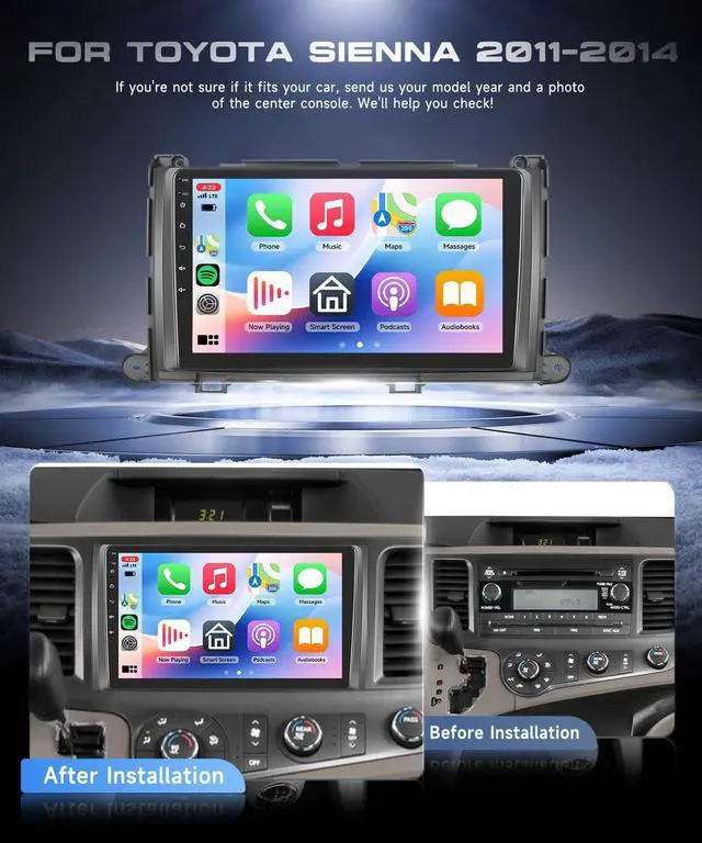 Alt view image 2 of 4 - 4G+64G for Toyota Sienna 2011-2014 Car Radio with Wireless Carplay/Android Auto, 9 Inch 1280 * 720 Android 15 Touch Screen Car Stereo, Bluetooth, GPS, 5G WiFi, SWC+ HD Backup Camera
