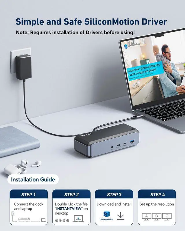 Alt view image 3 of 4 - Triple Monitor USB C Docking Station - MacBook Pro Docking Station with Power Adapter for MacBook M1/M2/M3/Windows, HDMI*3, RJ45, 10Gbps USB*5, PD, USB 3.0 * 2