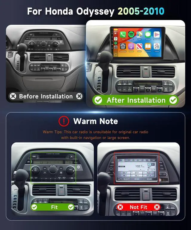 Alt view image 2 of 4 - 5Ghz WiFi Car Radio Stereo for Honda Odyssey 2005-2010 2+64G, 10.1" Touch Screen/Android 15/Wireless CarPlay/Android Auto/DSP EQ/GPS Navigation/Bluetooth/FM/RDS/SWC/HD Backup Camera