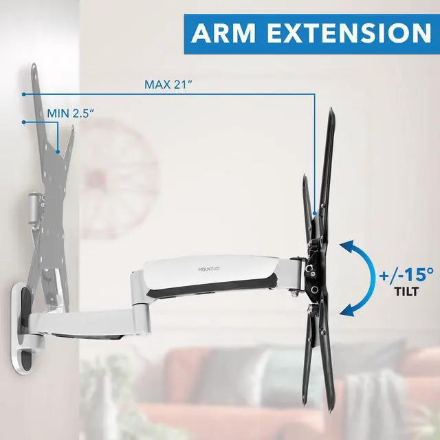 Alt view image 3 of 4 - Full Motion Gas Spring TV Wall Mount for 2555 Inch LED LCD OLED Flat Screen TVs | Height Adjustable 13.5 Articulating Arm | VESA 100x100 to 400x400 | 44 lb Capacity | Single Stud | Silver