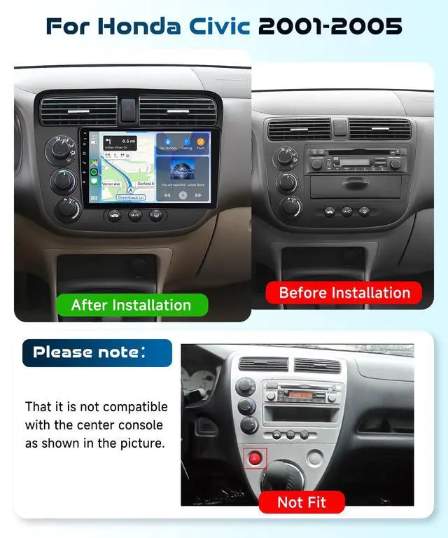 Alt view image 2 of 4 - 8 Core 6G+128G Android 15 Car Stereo Radio for Honda Civic 2001-2005 Wireless Carplay/Android Auto 9'' HD IPS Sereen with 5Ghz WiFi 5.0 Bluetooth GPS SWC FM/RDS Radio Backup Camera