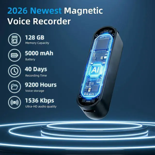 Alt view image 2 of 4 - 128G Magnetic Voice Activated Recorder,40 Days Continuous Recording Device,5000mAh Audio Recorder with AI-Intelligent Triple Noise Reduction,Voice Recorder with Playback for Work Lectures Meeting