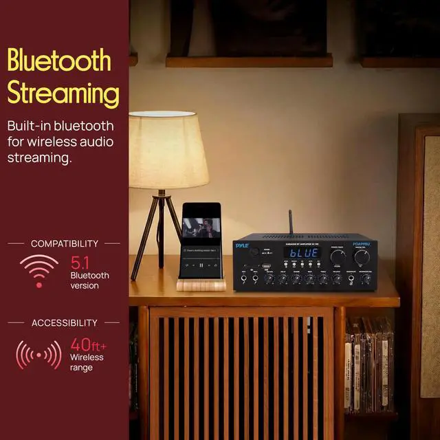Alt view image 2 of 4 - Wireless Bluetooth Streaming Amplifier - 300W Multi Channel Receiver with Dual Hi Def in/Out, Optical/Coaxial w/ 24 Bit decoding, Aluminum Control Knobs, Headphone Out, USB-A/SD - PDA99BU