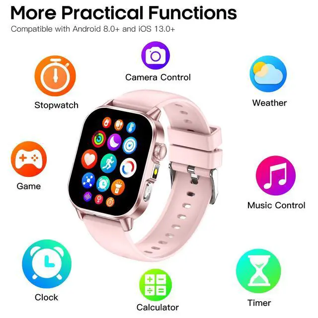 Alt view image 4 of 4 - Smart Watch for Men Women, Health Fitness Tracker with 24/7 Heart Rate Blood Oxygen Blood Pressure Sleep Tracking, Bluetooth Calls, 450mAh Battery, IP68 Waterproof Activity Tracker (Pink)