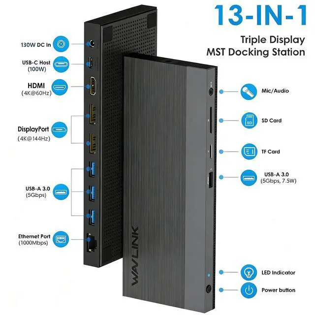Alt view image 2 of 4 - Laptop Docking Station, Docking Station 3 Monitors with 2* DP+HDMI, 4K@144Hz,130W PD Charger, 4* USB 3.0, Audio, Gigabit Ethernet, TF/SD for Lenovo,HP,Dell, Windows System Computer